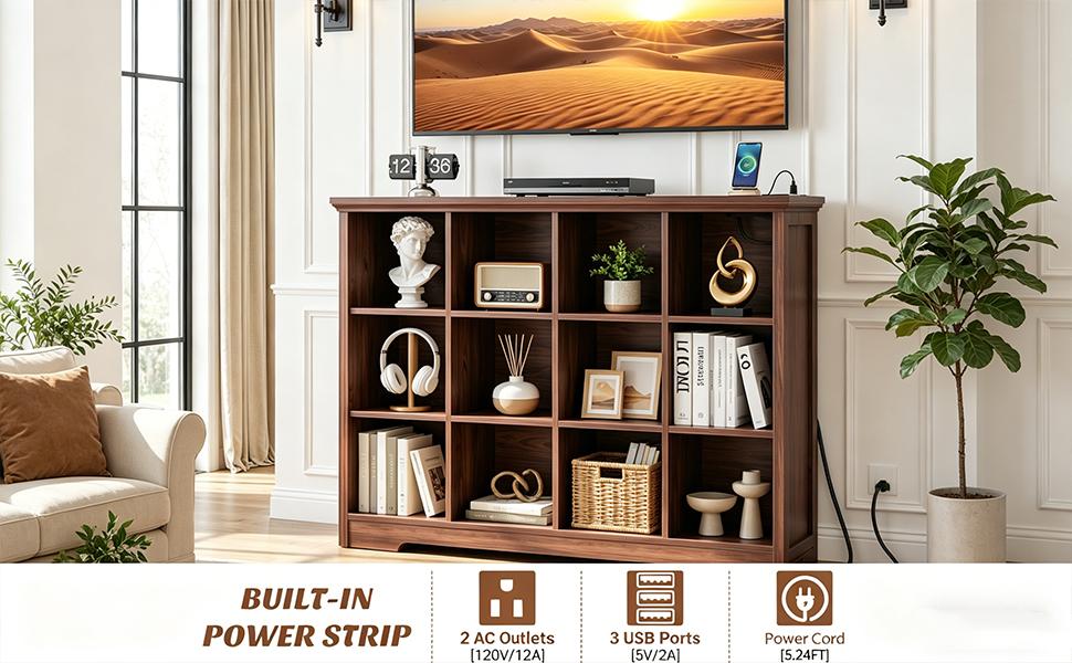 Wooden 12-Cube Storage Organizer with Power Outlets, Modern Cube Bookcase with Base, 4-Tier Floor Standing Open Cubbies Bookshelf for Home and Office