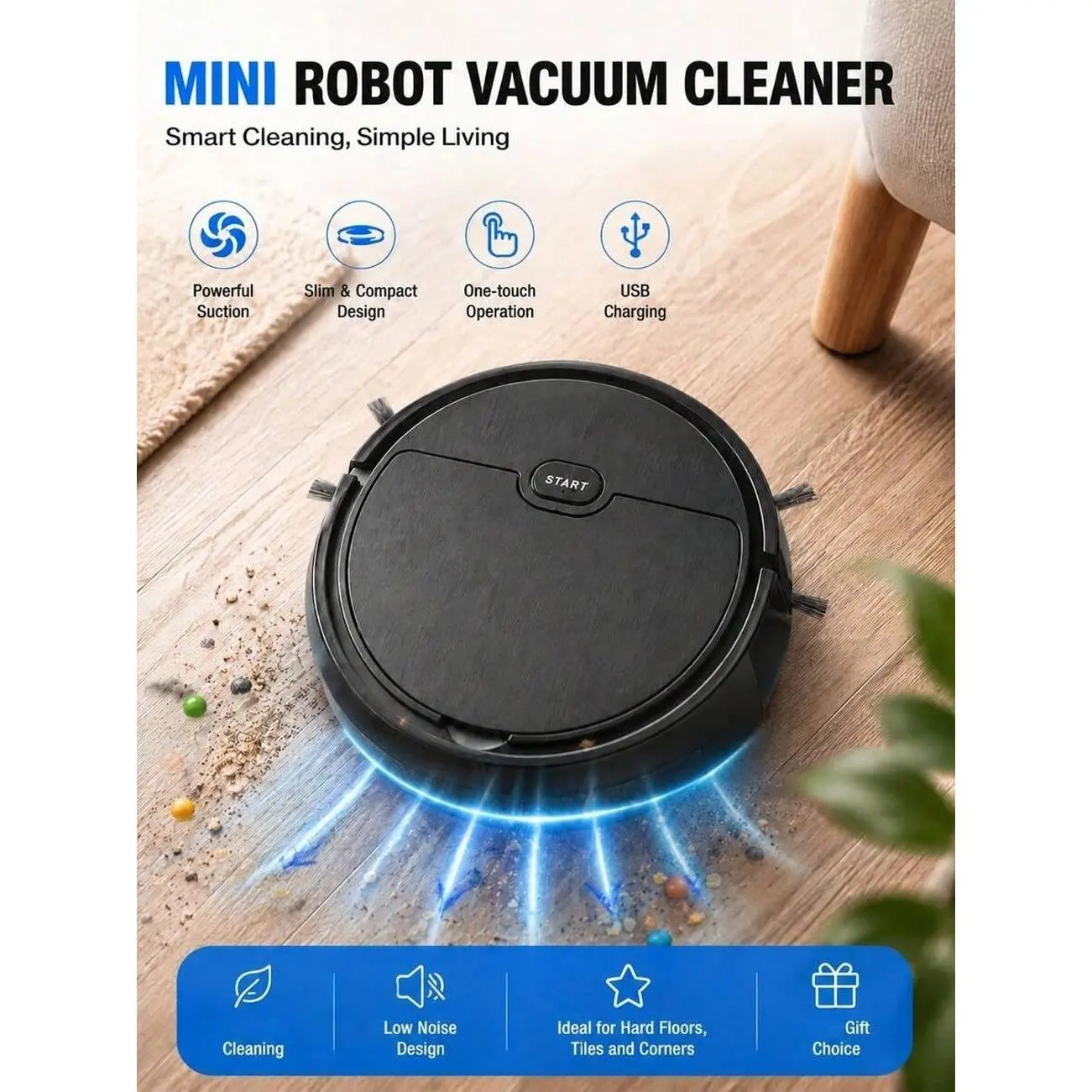 Smart Robot Vacuum Cleaner, USB Rechargeable Automatic Sweeping and Mopping Machine for Pet Hair, Hard Floors, and Daily Cleaning