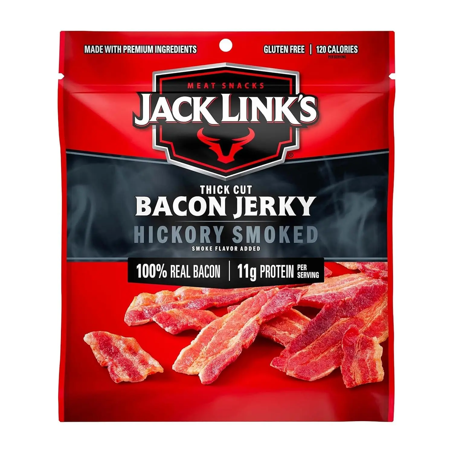 Jack Link's Hickory Smoked Bacon Jerky - 2.5 oz Bag - Ready to Eat Real Meat Protein Snacks - 11g Protein per Serving - Made with 100% Thick Cut Real Bacon
