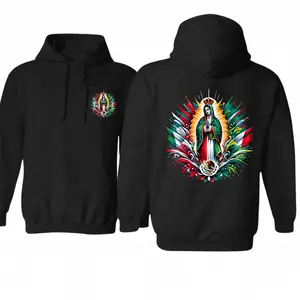 Virgen de Guadalupe Mexico Flag Hoodie – Our Lady of Guadalupe Graphic Pullover, Mexican Heritage Religious Hoodie, Latino Faith Gift for Men & Women