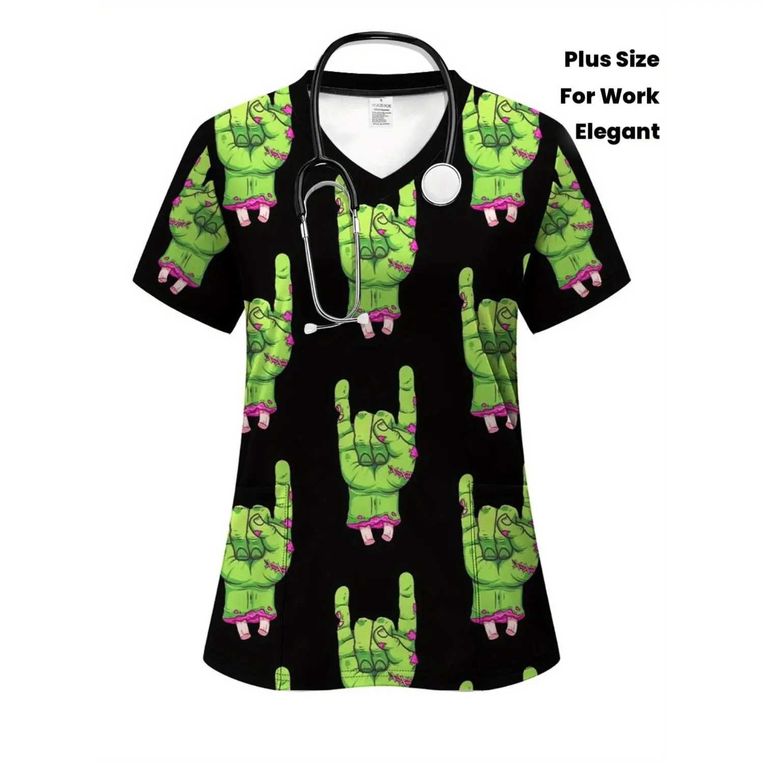 Full-Body Print V-Neck Nurse Uniform T-Shirt - Plus Size Short Sleeve Work Top with Pockets, Professional Scrubs for Healthcare and Halloween Parties