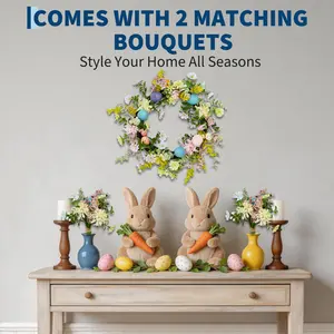 Handcrafted Wreath with 2 Matching Bouquets, Pastel Eggs & Spring Flowers Front Door Decor
