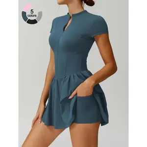 Women's sports zipper waist golf tennis dress dress, knee high tight short sleeved, summer storage bag, tennis sports dressRAIMENTRY