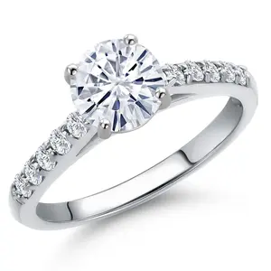 Gem Stone King 10K White Gold Round 6.5MM Gemstone Birthstone and Lab Grown Diamond Engagement Ring For Women | Wedding Anniversary Promise Ring For Women | Size 5,6,7,8,9