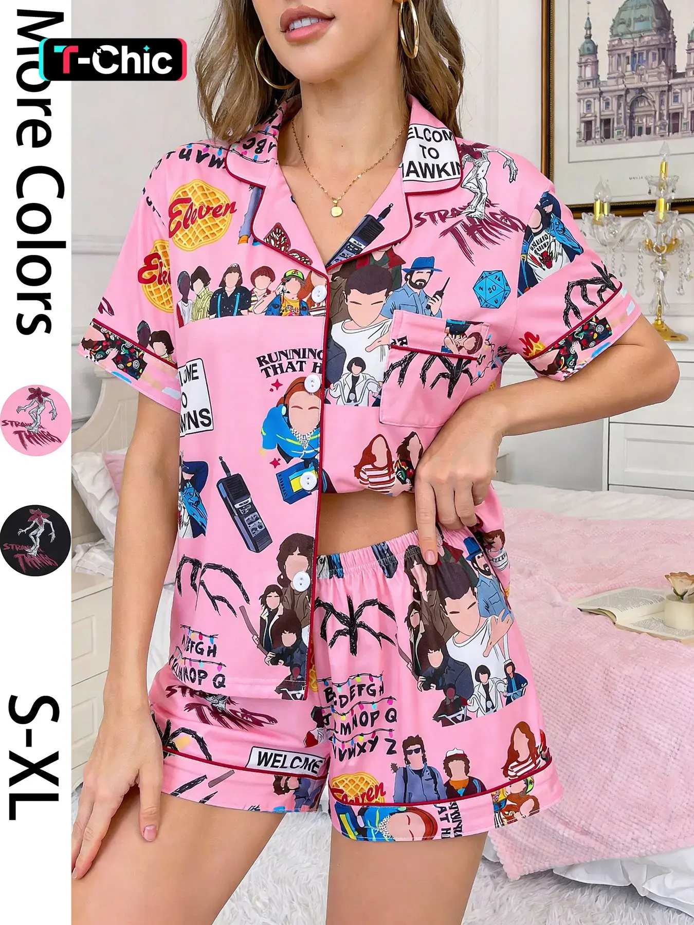 2 Arrows Women's devil pattern printed short sleeved shorts, soft comfortable lapel design top, small pockets, elastic waistband, four seasons home, daily casual women's pajamas set, Loungewear, Nightwear, Pjs