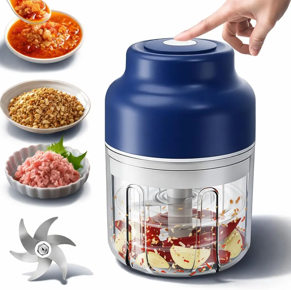 Mini Electric Garlic Chopper, 320ML Cordless Food Chopper with 6 Stainless Steel Blades, Rechargeable Garlic Mincer for Onion, Chili, Ginger, Nuts & Meat, Blue