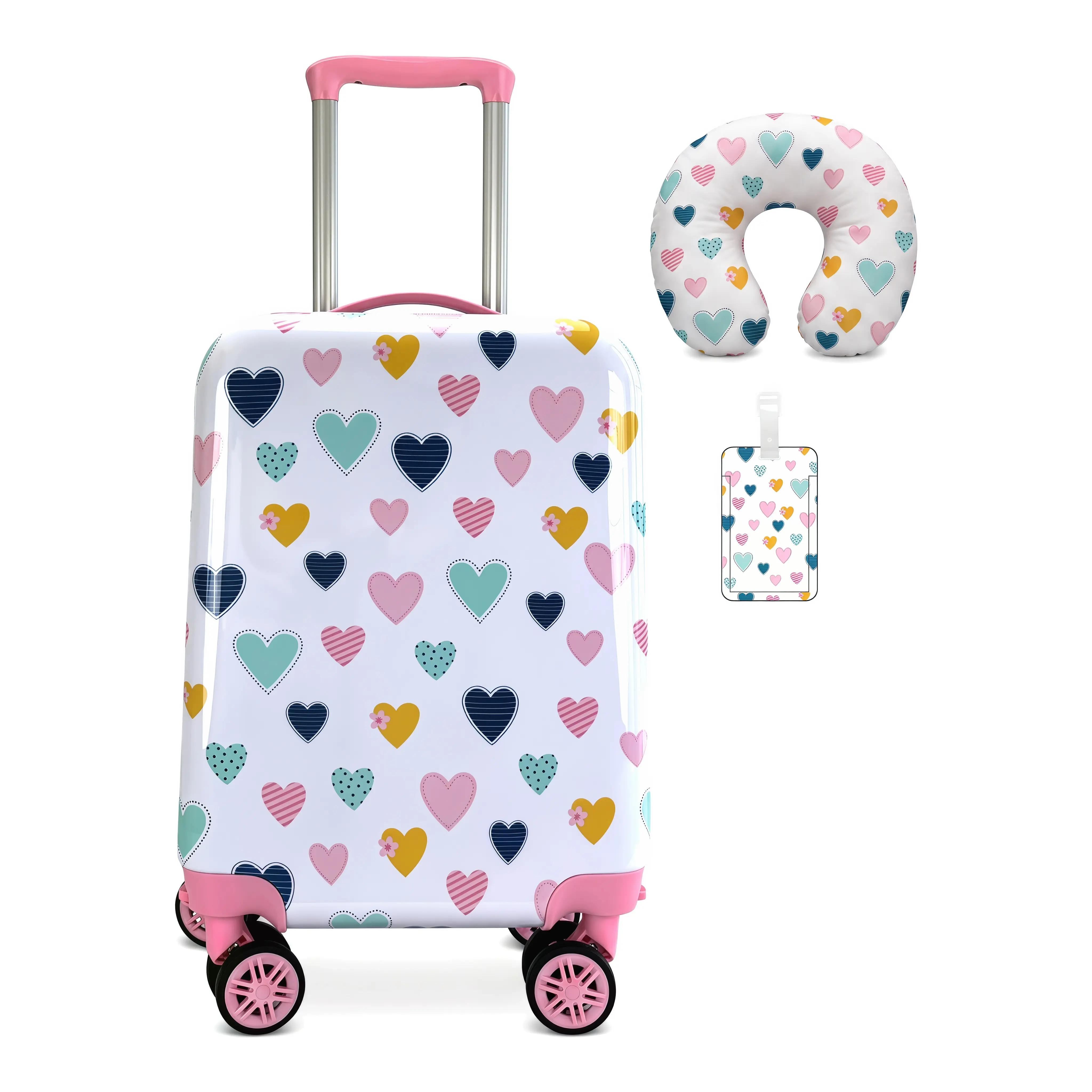 Girls' Upright Rolling Suitcase, Colorful Heart 3-in-1 Kids Carry-On Travel Set with 4 Wheels 360 Rotation, Neck Pillow & ID Tag, Holiday Gifts for Convenience, Memory Foam, On The Road, Attachment Set Carry-On Luggage, 360° Wheels, Abs Plastic, Airport T