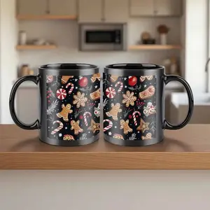 Christmas Gingerbread Men Ceramic Travel Coffee Mug, 11oz Holiday Cup with Candy Canes, Pine Branches, Ideal for Hot Cold Drinks, Office, Camping, Parties