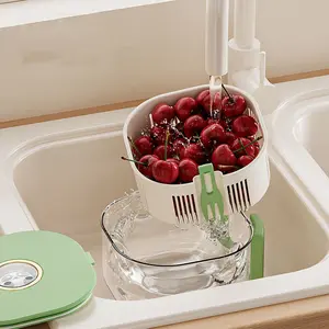 Double-Layer Fruit Washing Basket, Foldable Kitchen Drainage Rack, Wall-Mounted Food Storage Holder, Durable Design, Three Colors Available