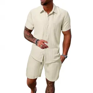 Men's Summer New Solid-Color Short-Sleeve Open-Collar Cardigan 2-Piece Set, Slim Fit, Professional-Casual Style, Suitable for Daily Commuting & Outings