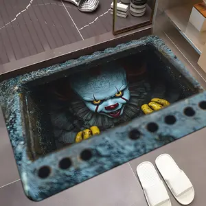 3D Pennywise Clown Flannel Door Mat – Spooky Sewer Grate Design, Horror Prank Vibe, Non-Slip Indoor/Outdoor Mat for "It" Fans
