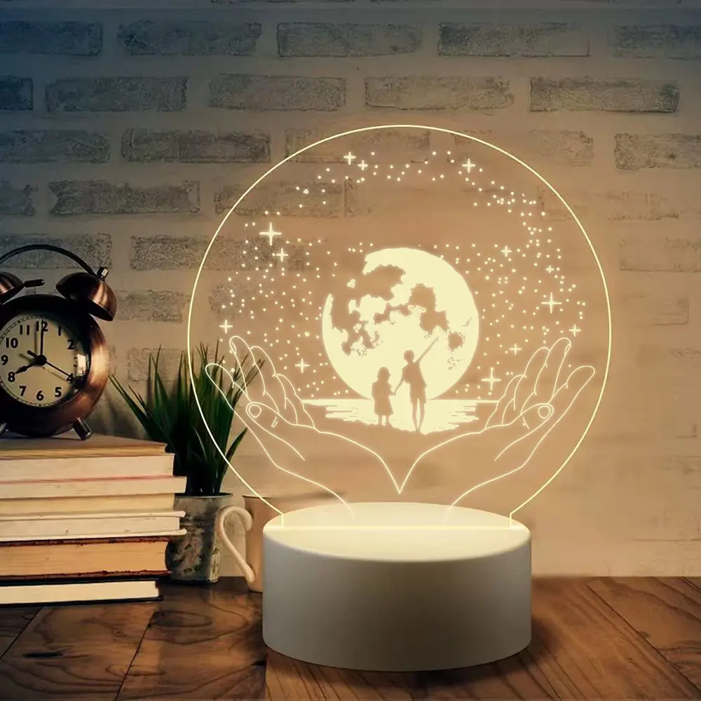 Round Engraved Acrylic Night Light Father Daughter Pattern Gift for Dad, Sentimental Desktop Lamp Present for Father's Day Birthday Christmas Thanksgiving