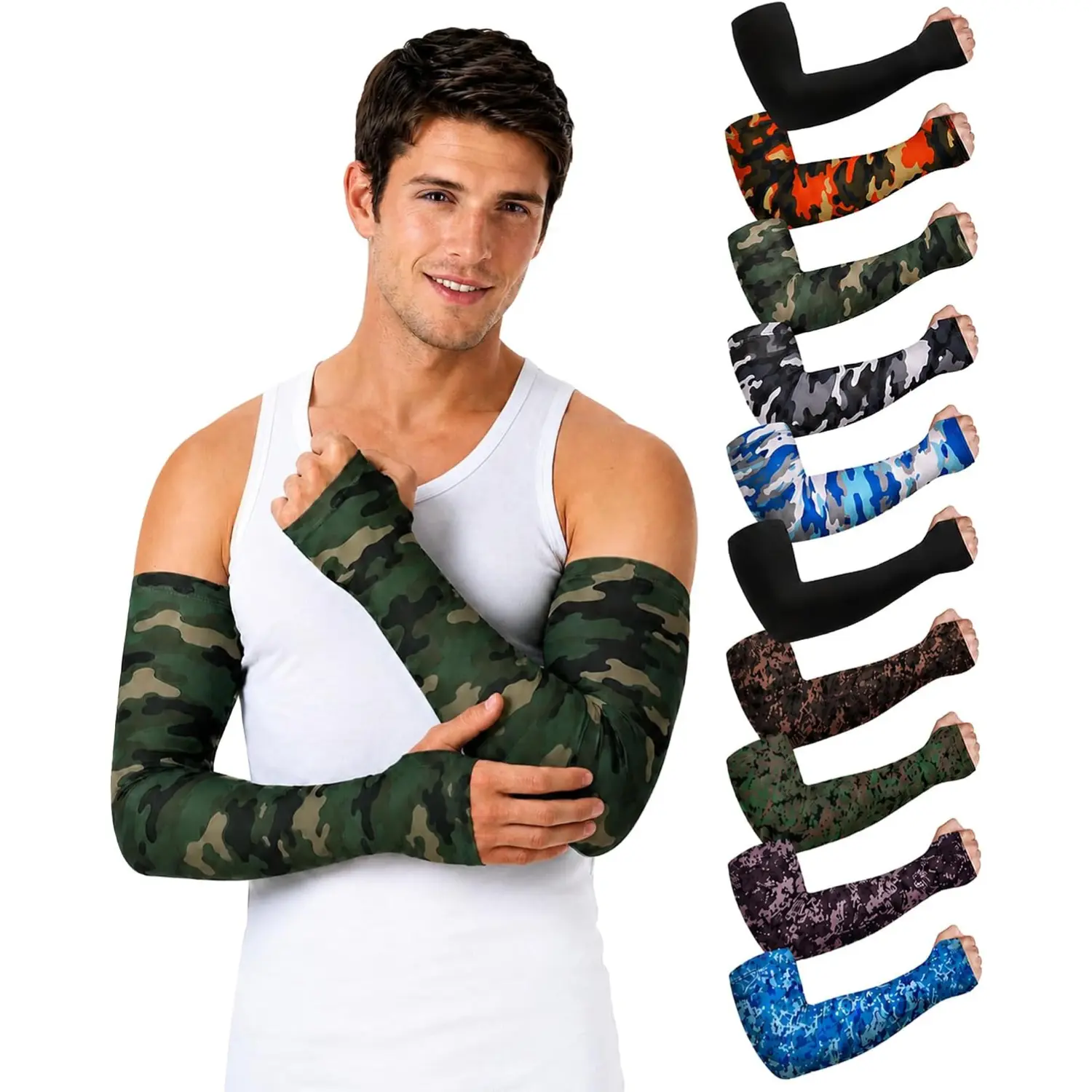 10 Pairs Spandex Camo Print Arm Sleeves - UV Sun Protection, Cooling Compression, Thumb Holes, Moisture-Wicking for Men/Women Outdoor Work Sports & Outdoor Accessories, Universal Fit, Cooling Protective Sleeves, Lightweight Compression Sleeve