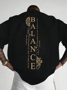 Balance Letter Brain Heart Print Graphic T-Shirt, High Street Style, Casual Loose Fit Short Sleeve, Unisex Summer Top