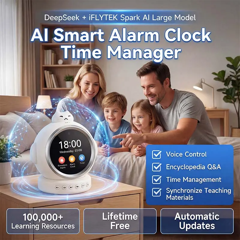 AI Smart Kids Alarm Clock with Dual DeepSeek & iFLYTEK Large Model, Voice Control Learning Timer with 100,000+ Teaching Resources, Pomodoro Time Manager, Remote Parent Monitor & English Tutor for Children