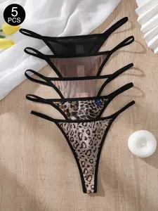 5/10Pcs Valentine's Day Sexy Leopard Print Mesh Thongs, Low-Waist Drop Waist Design, Fitted Style for All Seasons Panties, Leopard Pattern, Lingerie, Underwear