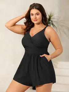 【Summer Turn-Up】【Tammy Control】BlOOMCHIC Plus Size Twist Front Pockets Swim Romper [M-6X] 2026 Summer Pick for Mother's Day
