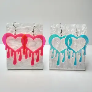 #593 Pink or Iridescent Dripping Heart Earrings- Casual Everyday Jewelry