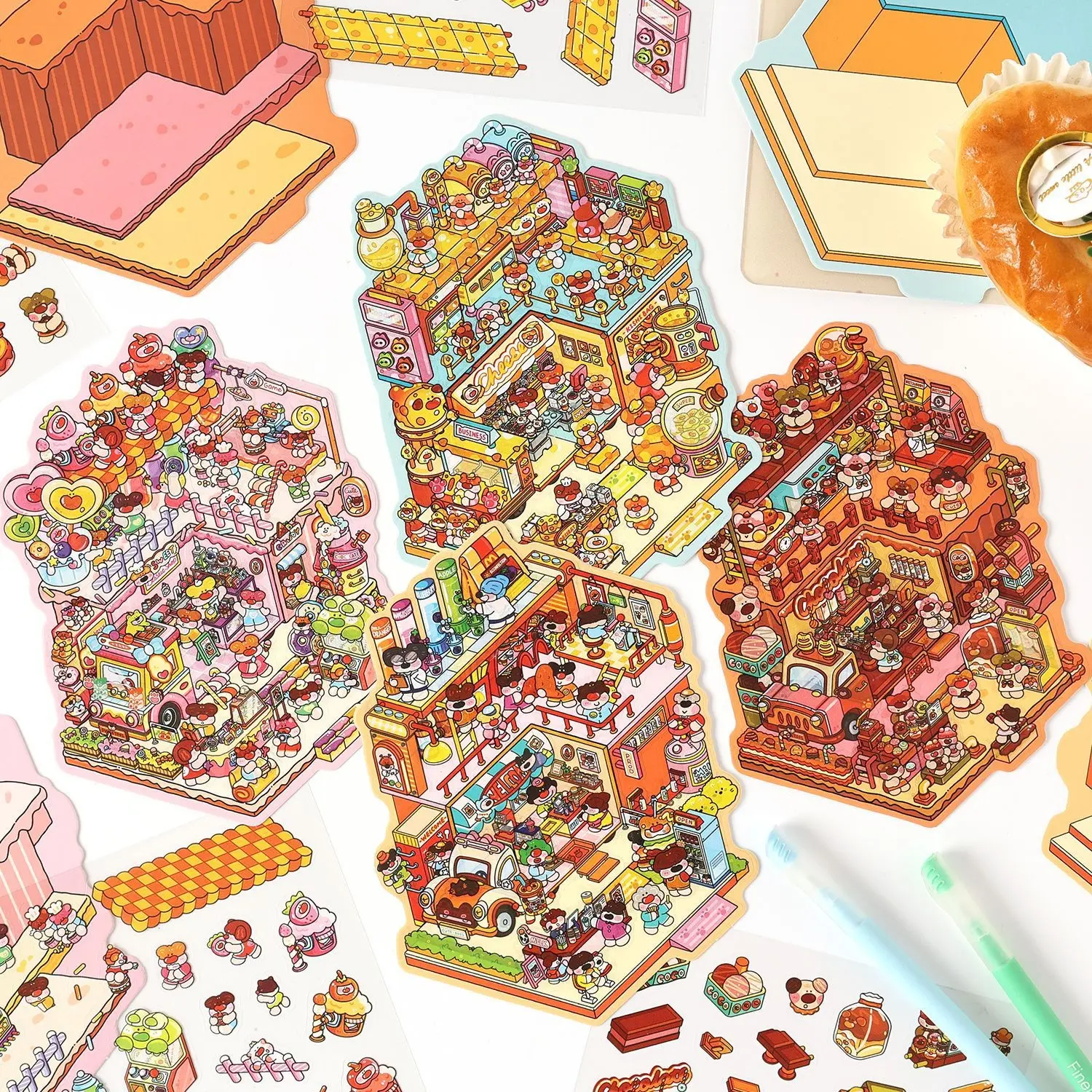 Candy Shop 3D Miniature Cute Stickers - Adorable Cartoon Shopping Cottages for Journal Decoration, Scrapbooking, DIY Crafting