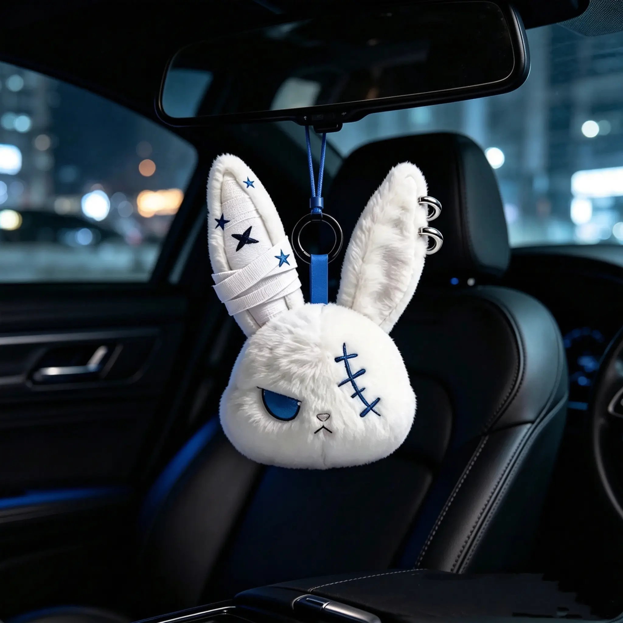 A Gothic-style stuffed rabbit charm suitable for backpacks, handbags, and keychains—a festive accessory and gift that is both mysterious and cute.