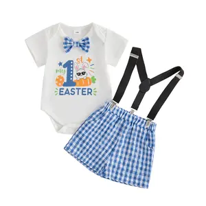 Baby Boy's First Easter Outfit Letter Rabbit Print Short Sleeve Bow Tie Romper Plaid Suspender Shorts 2-Piece Set