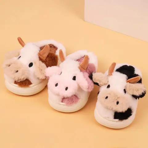 Kids' Fuzzy Cute Cow Cotton Fun Slippers - Thick-Soled Autumn-Winter Warm Indoor Home Footwear for Boys & Girls, Christmas Perfect Gift for Couples