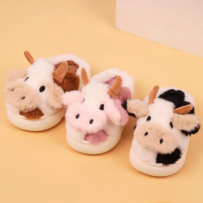 Kids' Fuzzy Cute Cow Cotton Fun Slippers - Thick-Soled Autumn-Winter Warm Indoor Home Footwear for Boys & Girls, Christmas Perfect Gift for Couples