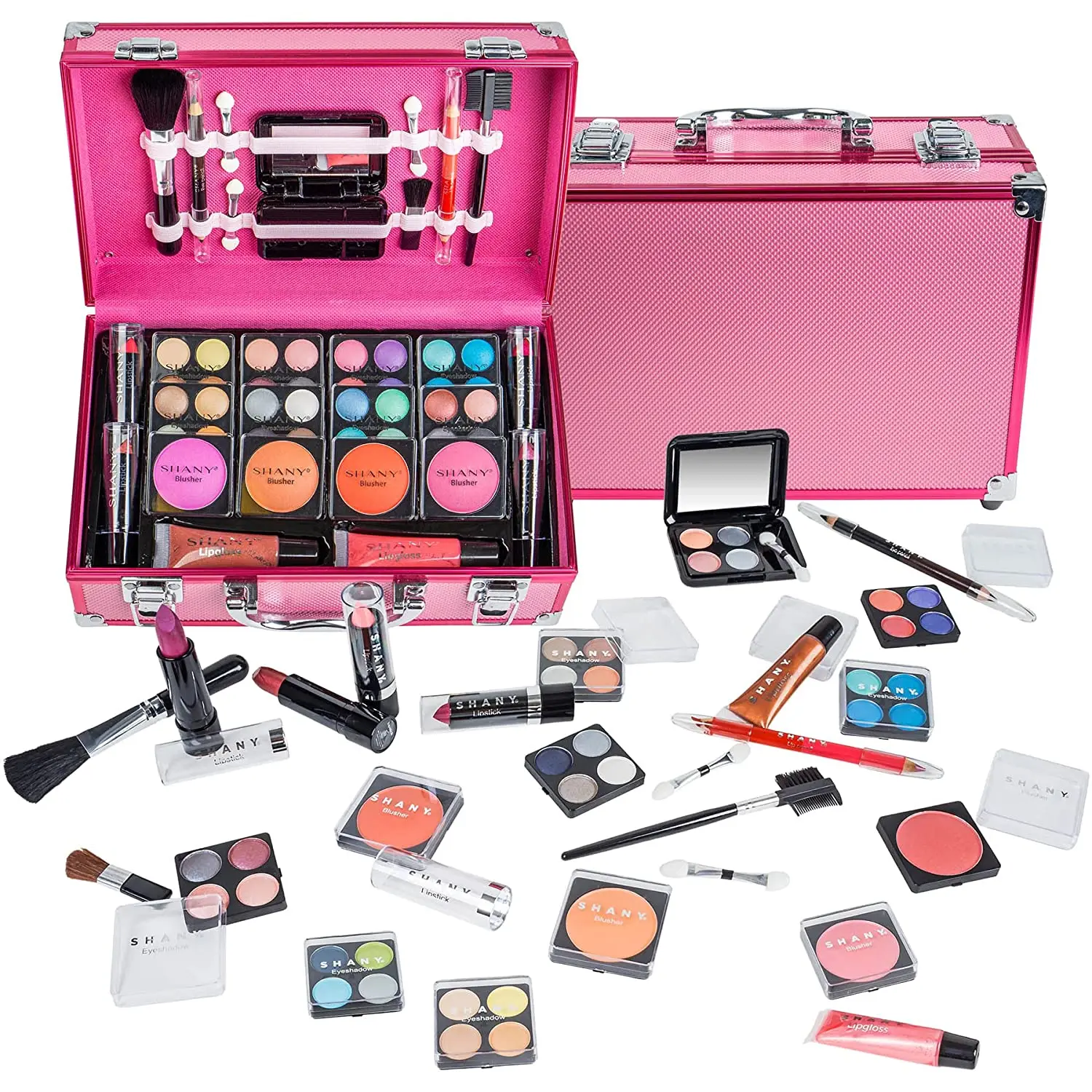 SHANY Carry All Make up Train Case with Pro Makeup Set, Beauty Brushes, Lipsticks, Eye Shadows, Blushes, Powders, and More - Reusable Cosmetics Storage Organizer - Premium Gift Packaging - Pink