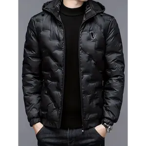 Men's Warm Padded Hooded Windbreaker Jacket with Zipper Pockets, Stand Collar Winter Coat for Casual Wear Menswear Sleeve