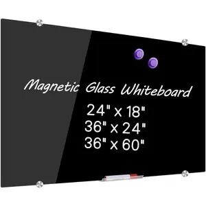 Black Glass Dry Erase Board, 24 x 18 Inches (60 x 45 cm), Small Frameless Wall Mounted Writing Glass Whiteboard with 4 Markers, 2 , 1 Eraser