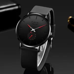 LIGE Casual Business Style Men's Quartz Watch: Slim Case, Silicone Strap, 30m Water Resistance.