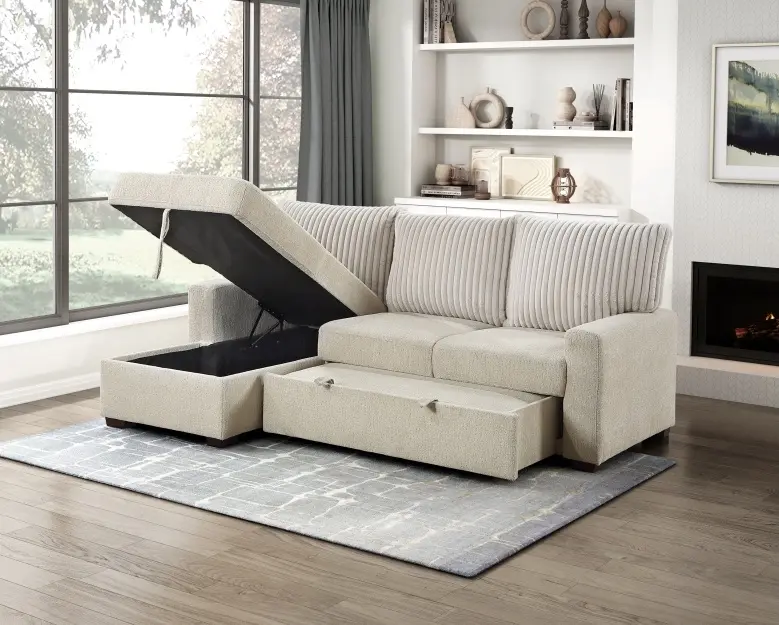 Homelegance 9605BE-2LCRL 2-Pc Modern Gallatin Beige Boucle/Corduroy Fabric Sectional Sofa - 87" x 62" x 38.5" h, Modular Seating, Multi-Seat, Pop-Up Sleep Area, Storage Chaise, Assembly Required