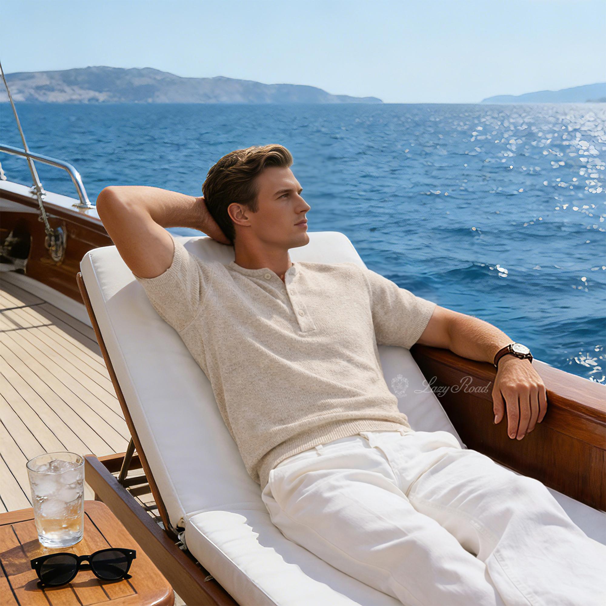 LazyRoad Old Money Style Men's Henley-Neck Short-Sleeve T-Shirt, Breathable Tencel & Linen Blend Knit T-Shirt-M6006