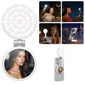 3-in-1 magnetic circular LED selfie fill light with 3-level brightness adjustment, rechargeable, foldable, built-in phone holder and mirror, compatible with most mobile phones, ideal for Vlog and live streaming.