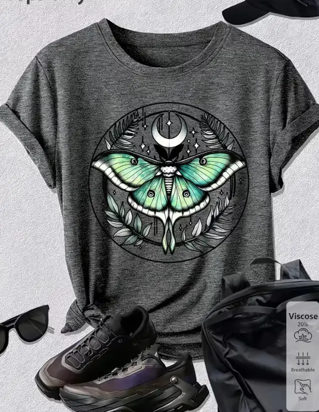 Women's Vintage Moon Phase Moth Print T-Shirt - Breathable Short Sleeve Top with Moth & Lunar, Round Neck Casual Shirt Suitable for Gym, Training, Casual Attire, Spring Summer Fall Outfits