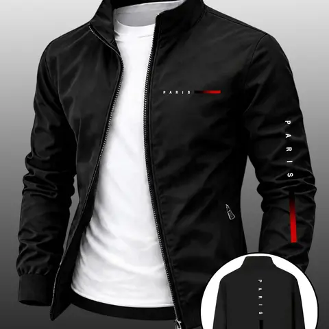 Men's Paris Series Print Jacket, Casual Jackets, Lapel Collar Zipper, Casual Business Style, Spring & Fall, Perfect Gift for Him