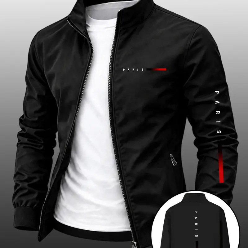 Men's Paris Series Print Jacket, Casual Jackets, Lapel Collar Zipper, Casual Business Style, Spring & Fall, Perfect Gift for Him