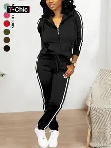Women's Fall Winter Casual Fitted Two-Piece Set, Solid Color Knit Hooded Zipper Sweatshirt & Long Pants, Comfortable Daily Wear, Womenswear