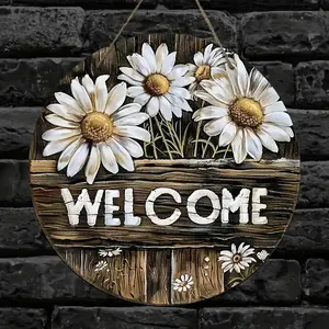 Rustic Wooden Welcome Sign with Daisy Wreath, Classic Country Style Wall Hanging, Round Wood Artwork, Easy Installation, Garden, Home and Room Decor