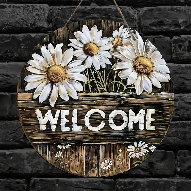 Rustic Wooden Welcome Sign with Daisy Wreath, Classic Country Style Wall Hanging, Round Wood Artwork, Easy Installation, Garden, Home and Room Decor, Aesthetic Room Decoration