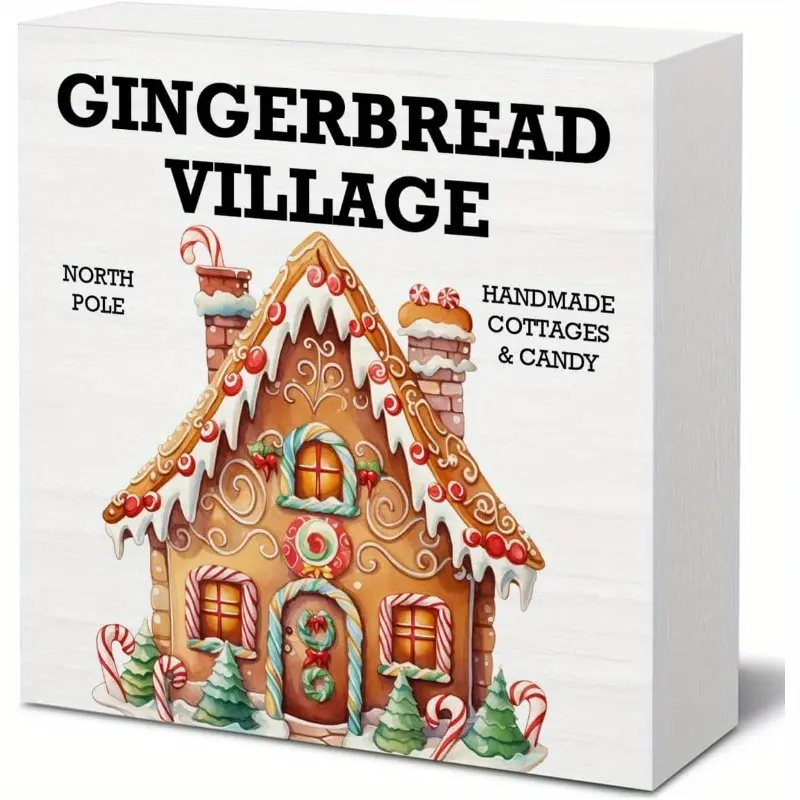 Christmas Decor Gingerbread Village Wooden Block Sign Home Decor Christmas Gingerbread Candy Wooden Box Sign Decoration for Kitchen Dinning Room Table Desk Shelf 5x5 inch