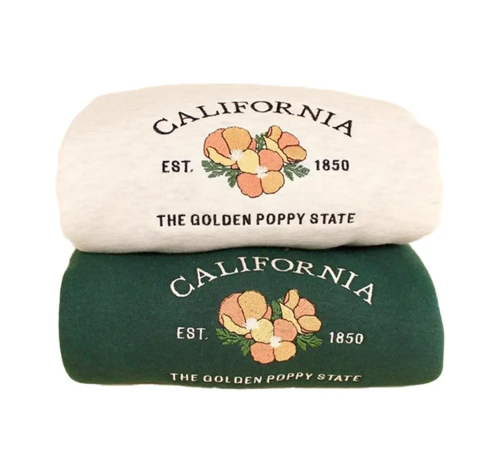 California Embroidered Sweatshirt, Unisex State Flower Crewneck Cotton Menswear Personalized Embroidery