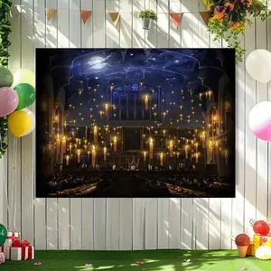 Gothic Castle Backdrop with Chandelier Detail, Large Dark Blue & Golden Polyester Decor, Durable Indoor-Outdoor Home Party Banner Ornament for Wedding, Halloween, Birthday Events