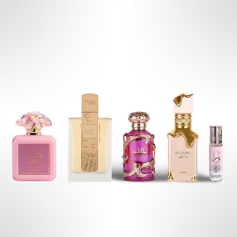 Shams Al Emarat Pink Blush + Angham + Habik Women + Éclaire + Yara Roll-On – Fragrance Gift Bundle