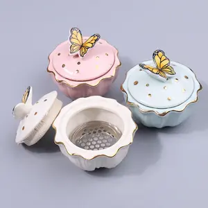 Butterfly Ceramic Nail Pen Cup with Lid, Multifunctional Dual Purpose Container, Holds Nail Pens and Moisturizer, Sealed Cover