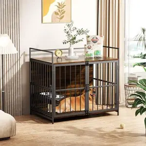Bellemave  Modern Wooden Dog Crate Furniture with Double Drawers and Sliding Barn Door, Decorative Pet Kennel End Table with Lockable Wheels, Stylish Dog Cage for Small to Medium Dogs