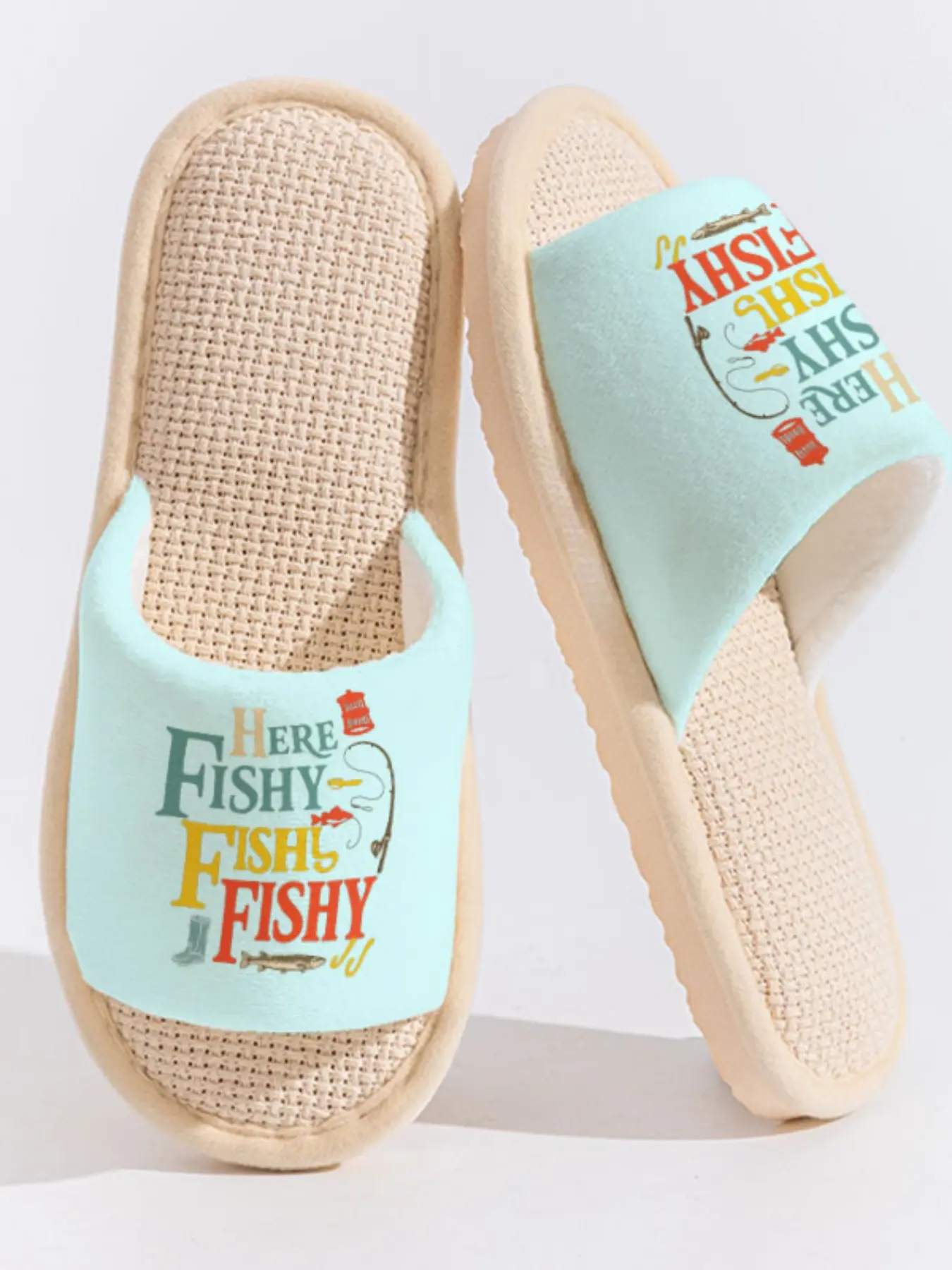 "Here Fishy Fishy" Fun Fishing Slogan Slippers Cloud-Feeling Fresh Retro Vibe Indoor Outdoor Fishing Buddy & Outdoor Lover Must-Have