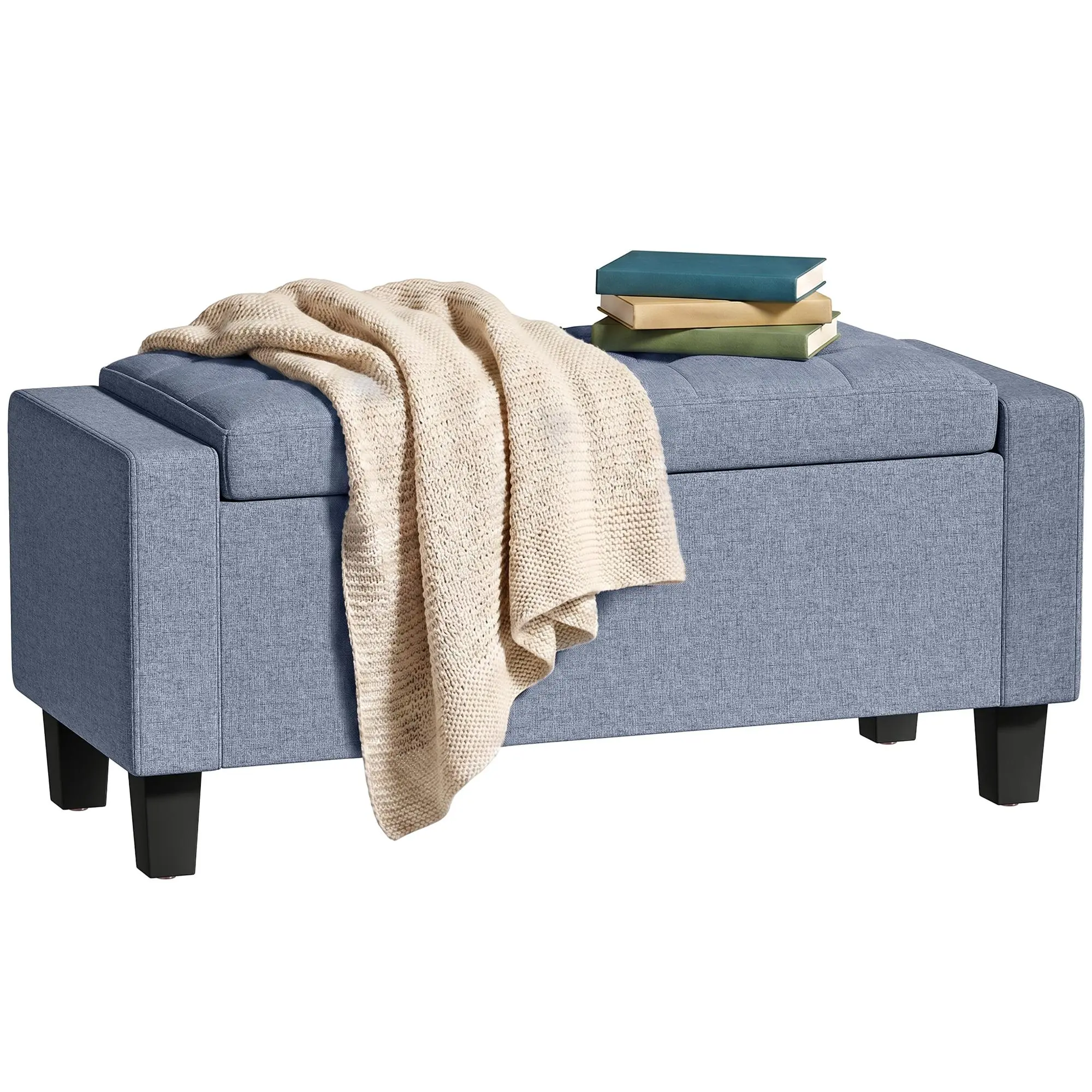HOMCOM 36.6" Tufted Fabric Rectangular Storage Ottoman, Sitting Bench with Armrests and Wooden Legs, Holds up to 528 lbs, for Entryway, Living Room, Bedroom