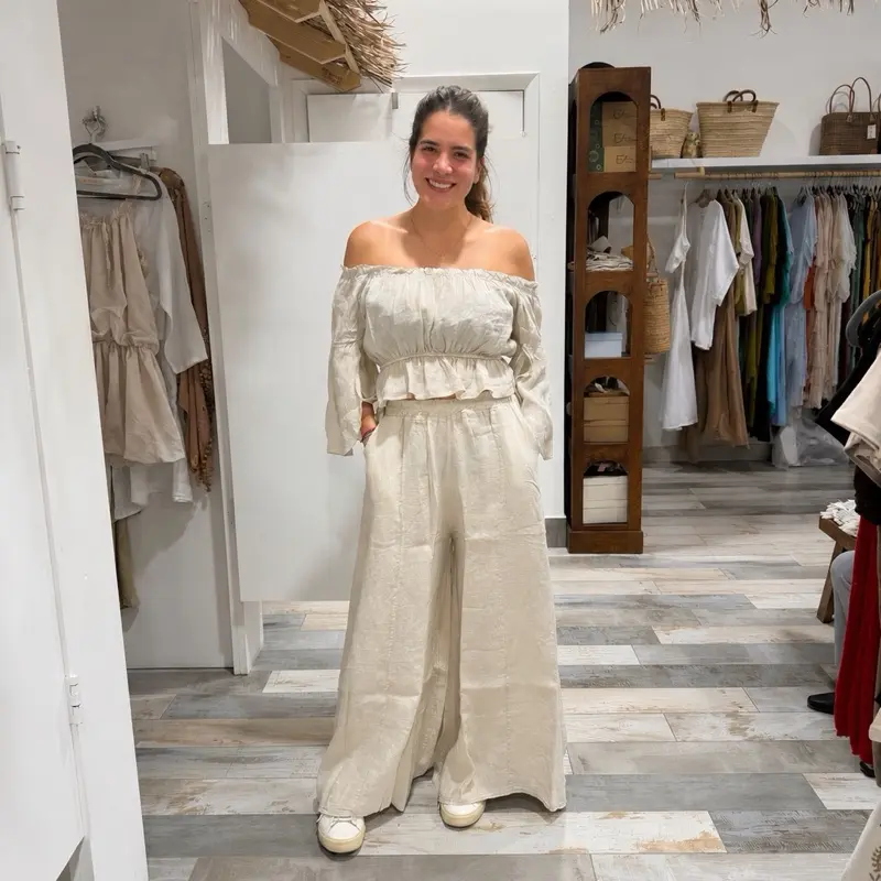 100 Percent Linen Telma Off Shoulder Top and Amelia Palazzo Pants Set One Size XS to XL European Style Matching Set