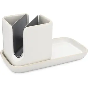 Stash, Ceramic Kitchen Sink Caddy, Stylish Modular Sponge Holder & Dish Brush Organizer, White/Gray, 11"